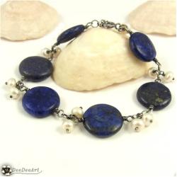 bransoletka,lapis lazuli,perły,granatowe,białe, - Bransoletki - Biżuteria