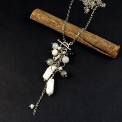 srebrny naszyjnik z perłami i kwarcem - Naszyjniki - Biżuteria